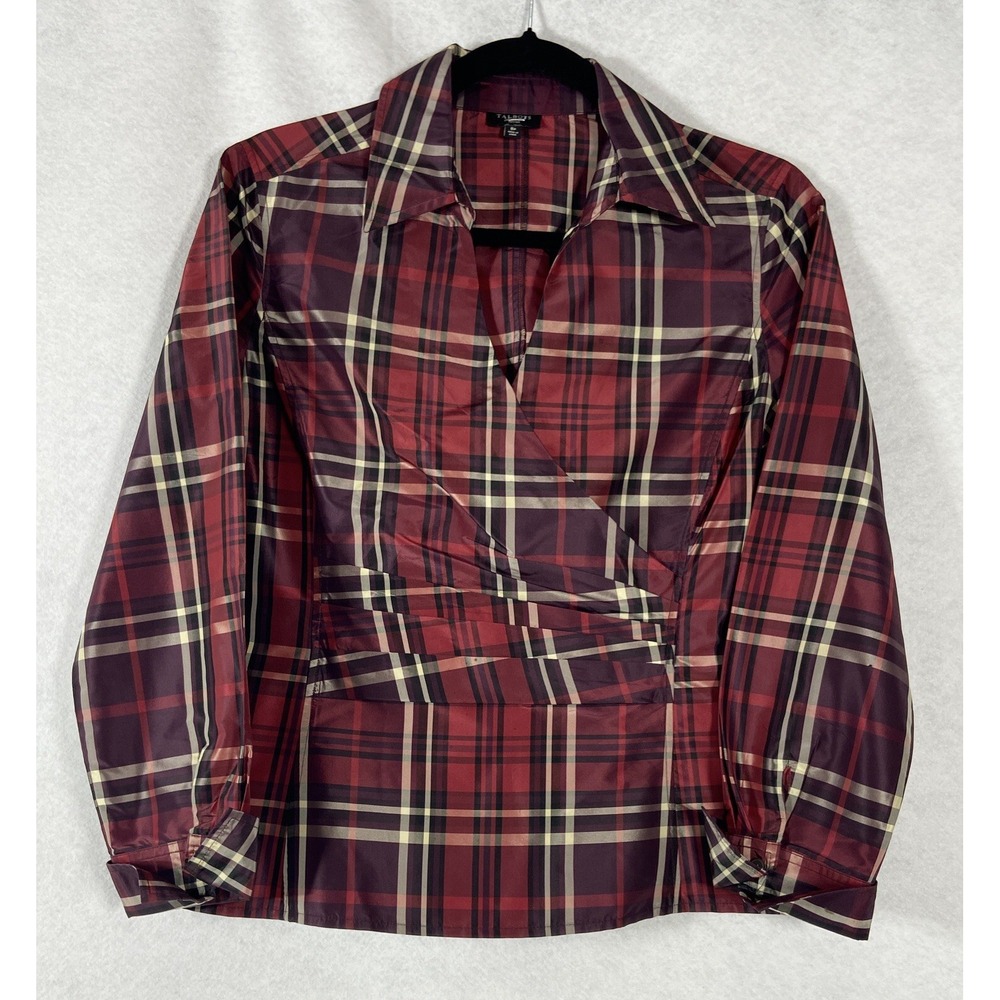 Talbots Top Women's Petite 8P Red Beige Faux Wrap Long Sleeves Plaid 100% Silk